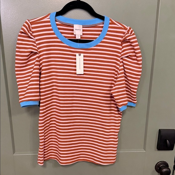 Maeve Tops - Maeve brown & White Striped Tee with Blue Trim